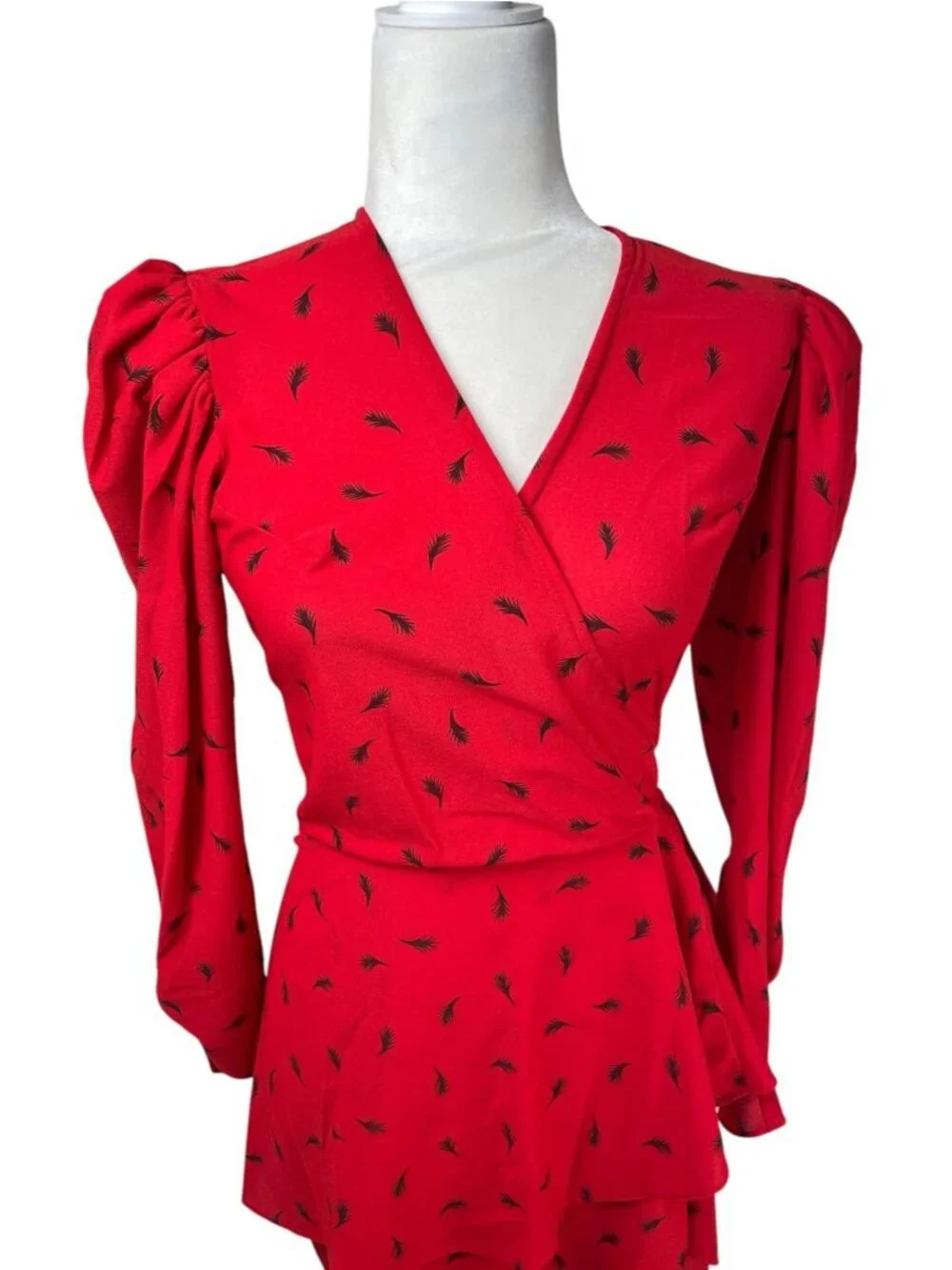 Vintage 80s Red Peplum Midi Dress | Black Leaf Print | Puff Shoulders | S Retro - Picture 5 of 13